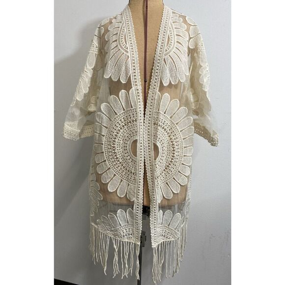 Chico's Sweaters - Chico's Lace Embroidered Fringe-Detail Kimono Sheer Duster Cream Size S/M NWT